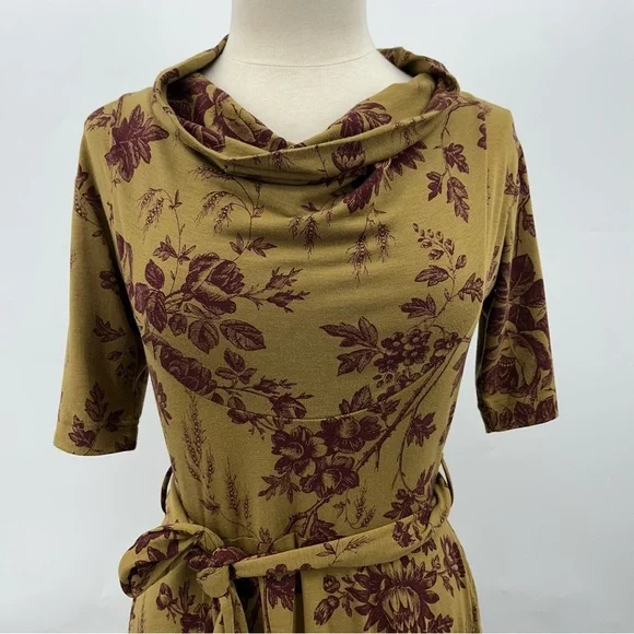 Effie's Heart M Cowl Neck Dress green 0687 brown elbow sleeve medium women - Picture 2 of 11